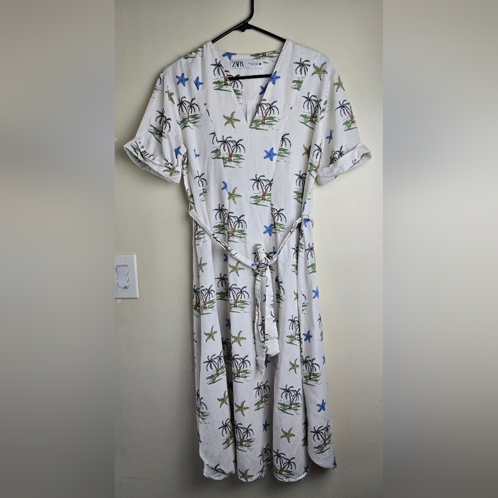 Zara White Midi Dress with Tropical Motif Size S - Picture 3 of 6